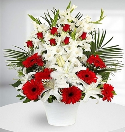 5 adet gül ve 3 adet lilyum Çiçeği & Ürünü Kırmızı beyaz aranjman XL 
